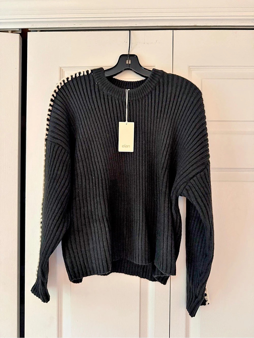elan Contrast Crewneck Sweater Ribbed Crew Neck Sweater Black Size Large NWT